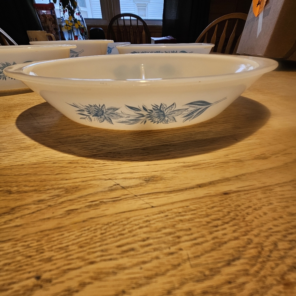 Vintage Glasbake Milk Glass Divided Casserole Dish Blue Thistle J2352